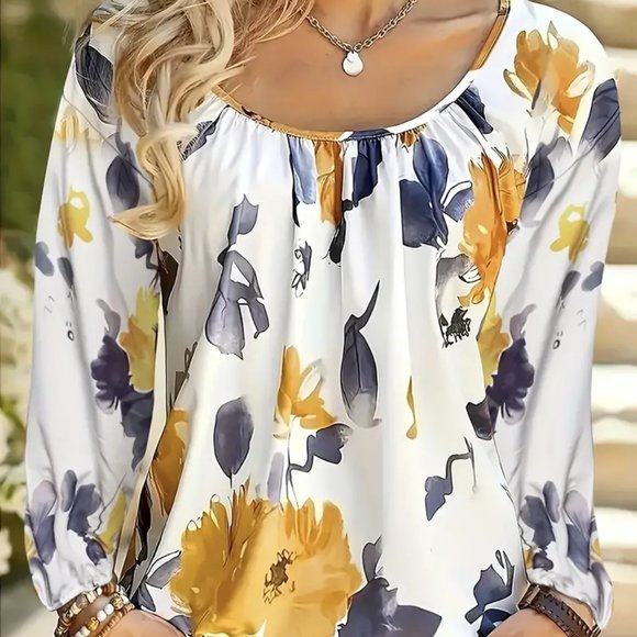 Floral Print Blouse - Yellow and Blue - Picture 3 of 3